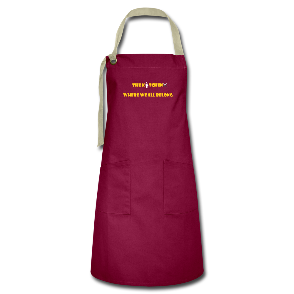 "The Kitchen Where We All Belong" Artisan Apron - burgundy/khaki