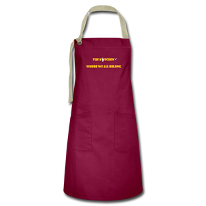 "The Kitchen Where We All Belong" Artisan Apron - burgundy/khaki